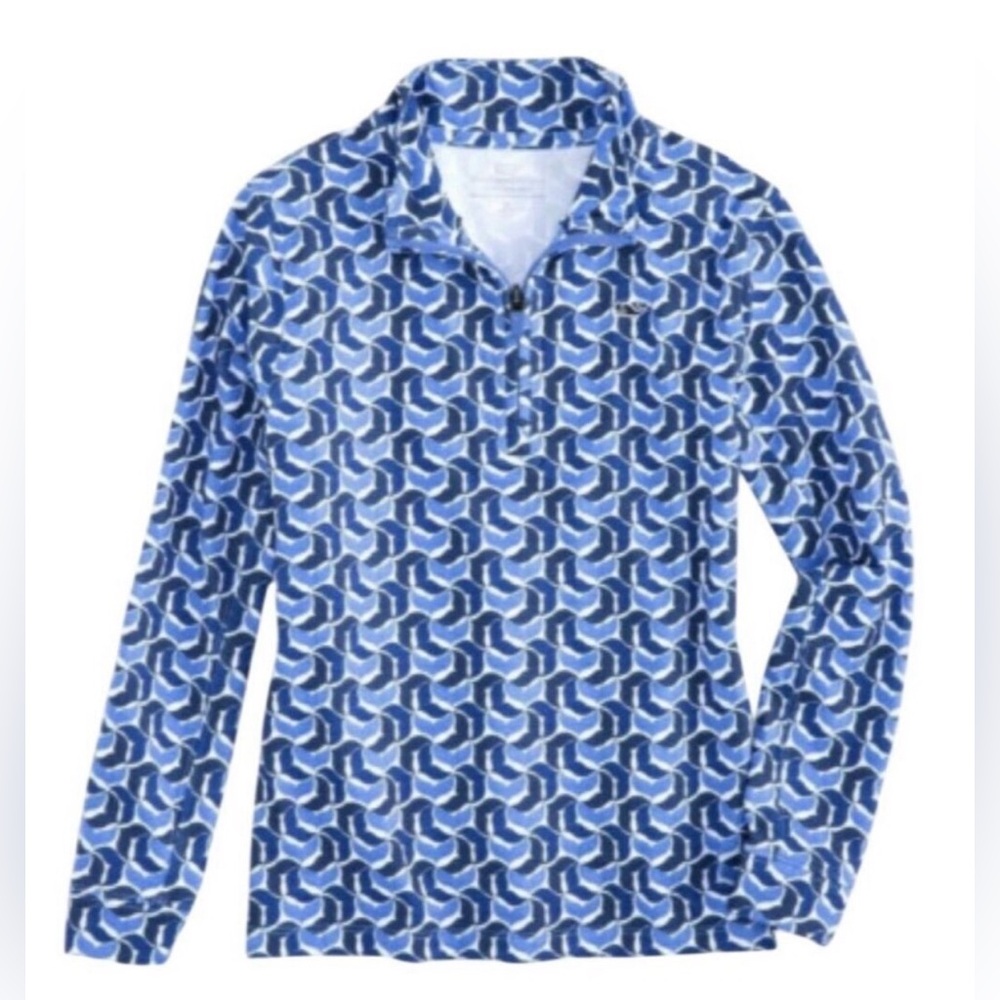 Vineyard Vines Performance 1/4 Zip Top Marlin Blue Whale Print Girls Size 16(XL)